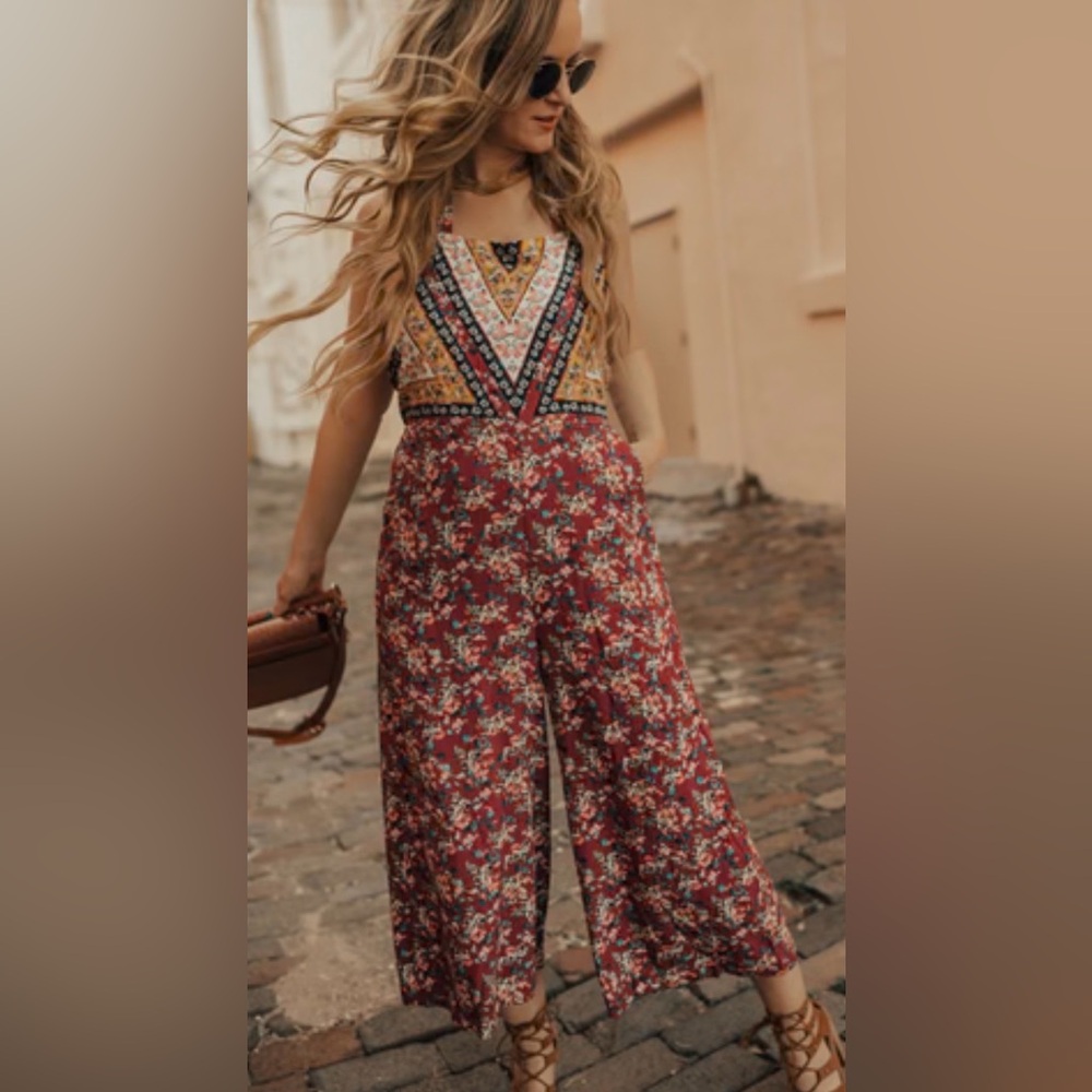 Xhilaration Burgundy Floral Wide-Leg Jumpsuit